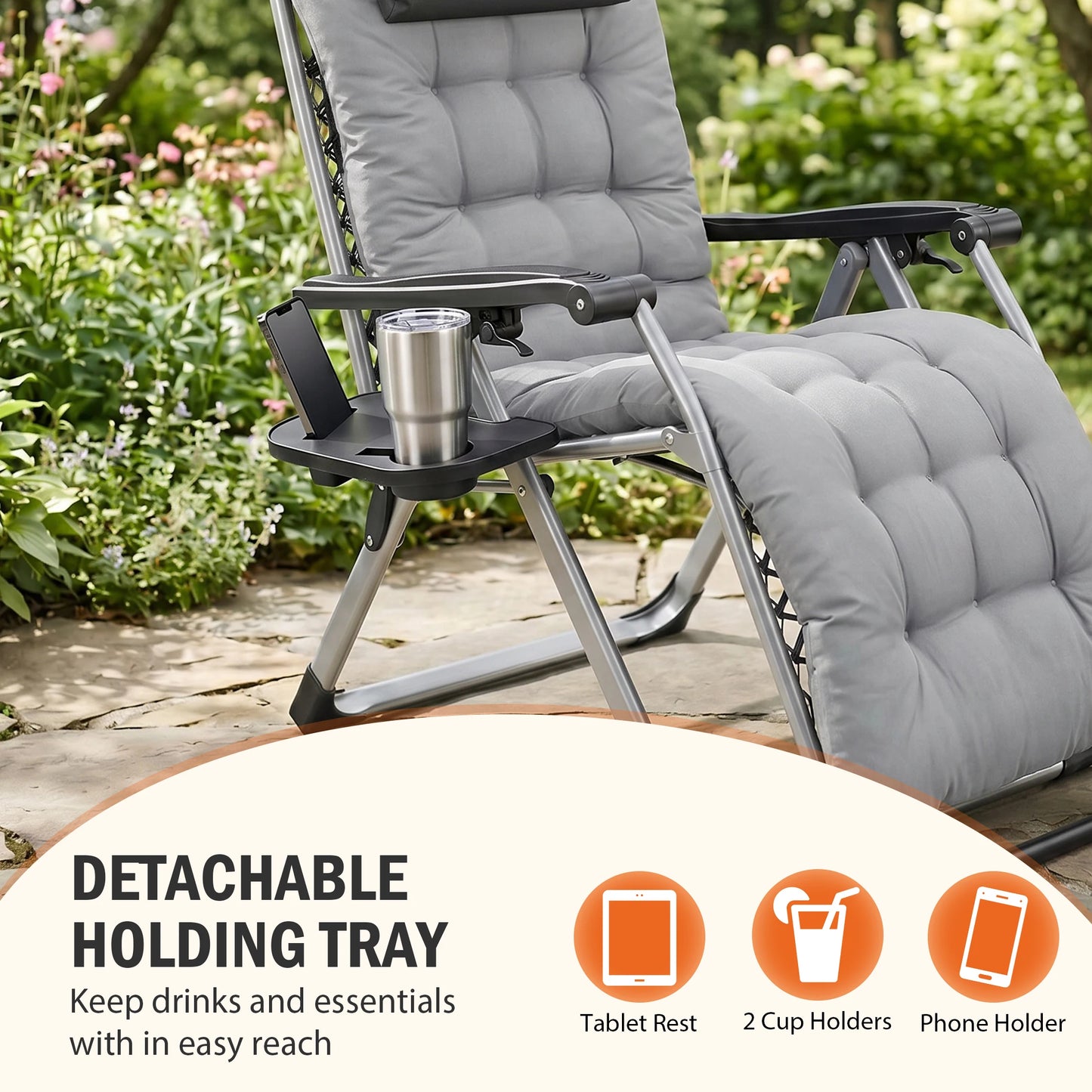 JHK Zero Gravity Reclining Lounge Chair – Foldable Outdoor Camping Chair with Soft Cushion & Adjustable Recline