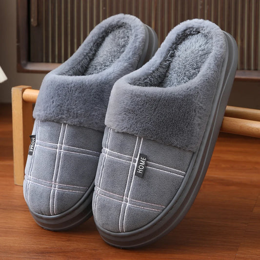 Men Home Slippers Plaid Memory Foam Winter Plush Male Indoor Shoes Warm Soft Non-Slip Slippers Black Large size 50-51 Fashion