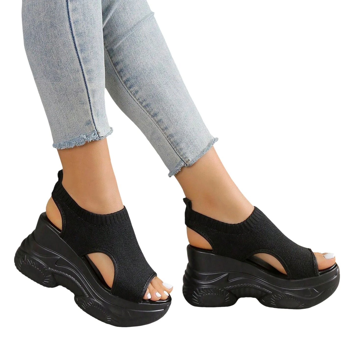 Thick Soled Sandals For Women Summer Mesh Breathable Peep Toe Sloping Heel Sandals Plus Size Sports Walking Mesh Flat Shoes