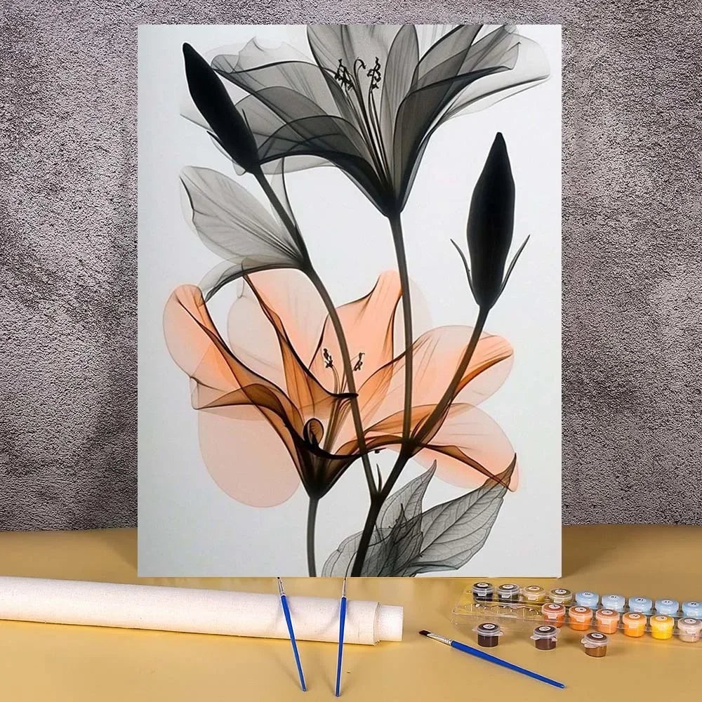 DIY Paint by Numbers Ink & Wash Flower Canvas Kit . Floral Acrylic Painting Set for Adults & Beginners Home Wall Decor Gift
