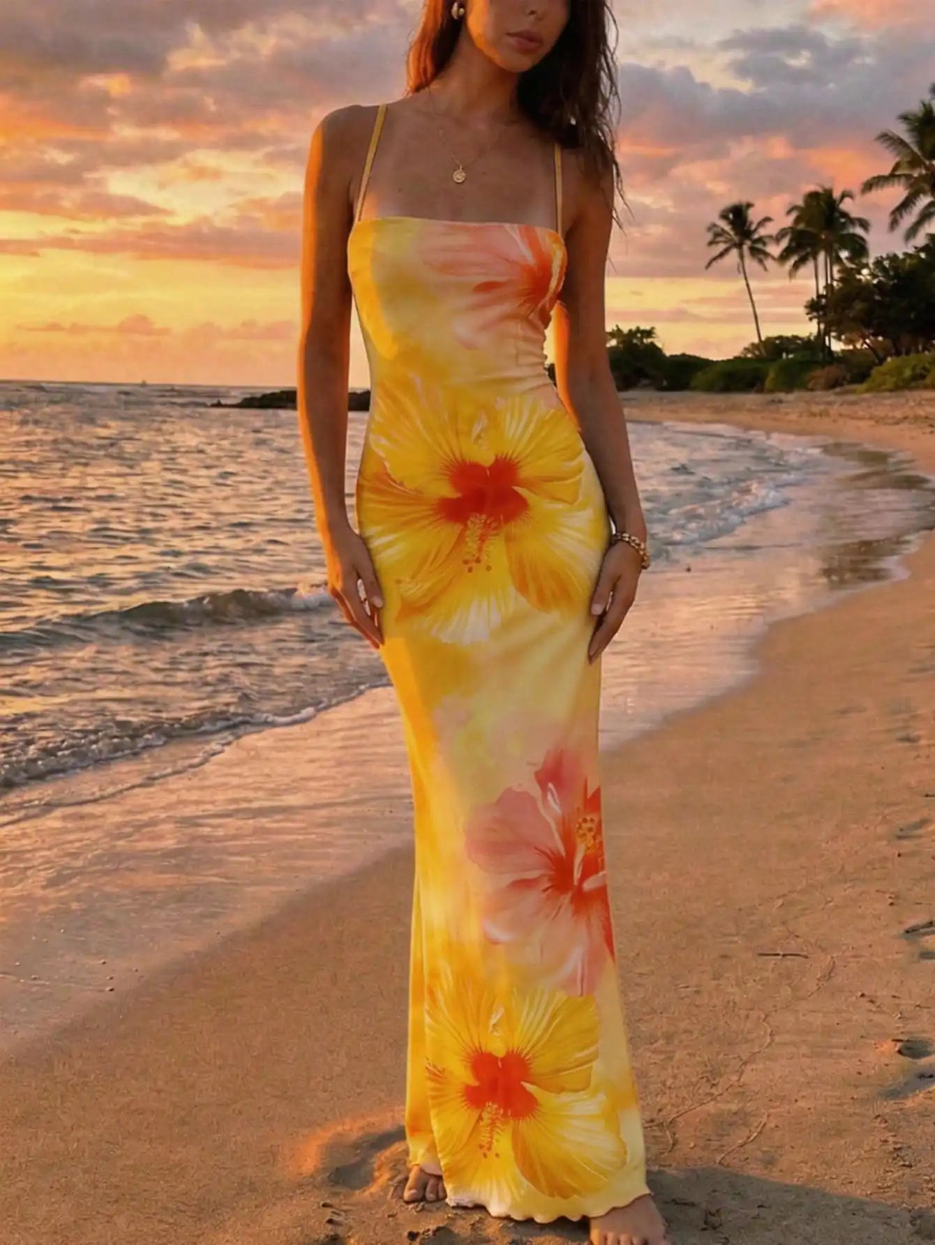 Elegant Pink Orchid Floral Print Backless Tie Strap Maxi Dress For Summer Vacation Beach Festival