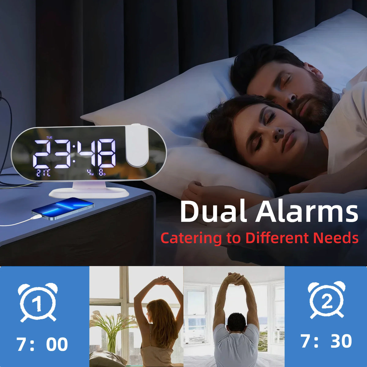 Digital Projection Alarm Clock – 8.8-Inch LED Mirror Display & Dual Alarm