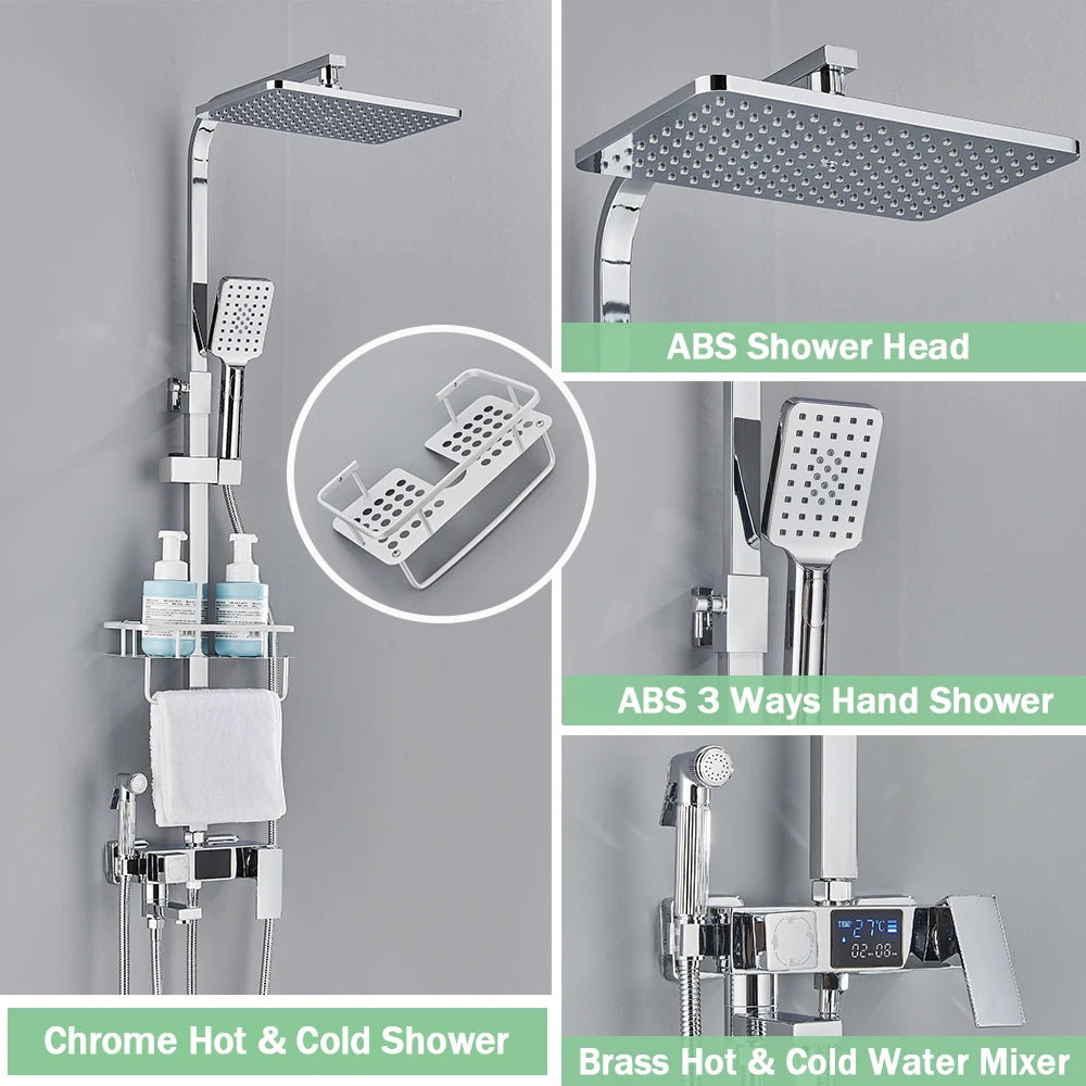 Black Digital Display Thermostatic Shower Faucet 4 Way
