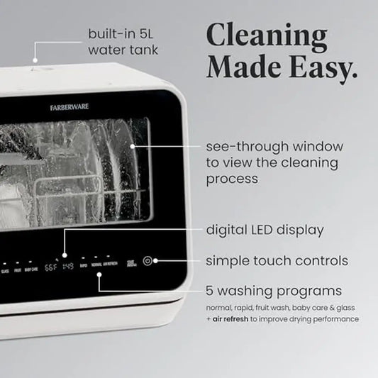 Portable Countertop Dishwasher 5L Water Tank 5-Program Home RV Apartment Washing Glass Baby