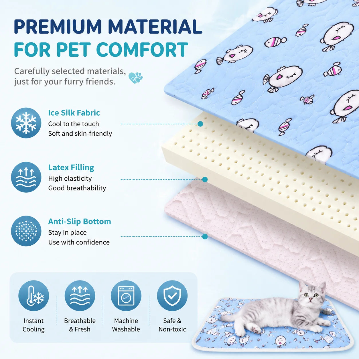 Cute Cartoon Cooling Sleeping Mat for Dogs & Cats. Soft Breathable Summer Pet Bed Pad