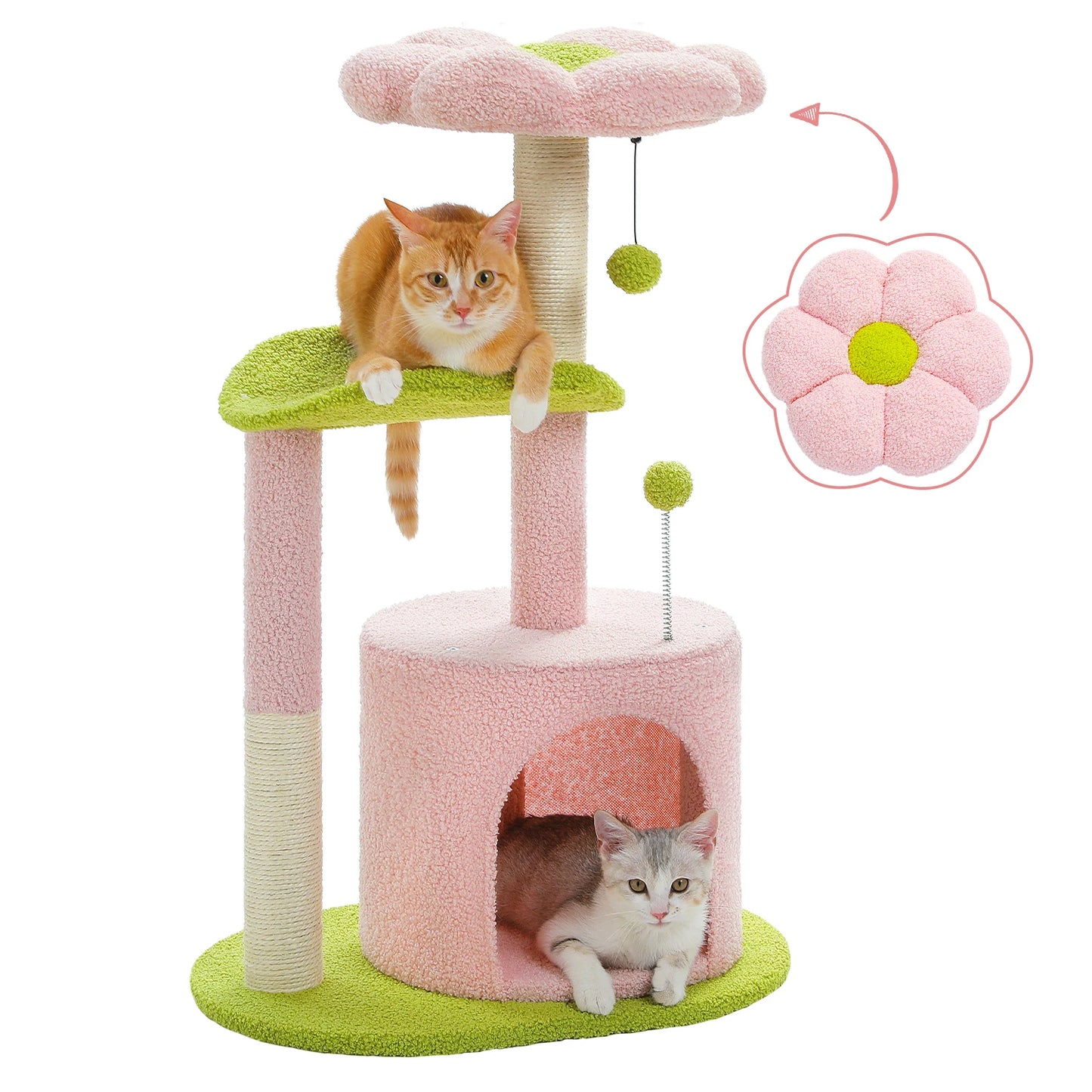 Flower Cat Tree for Indoor Cats, Small Cat Tower with Sisal Scratching Post, Soft Condo, Plush Perches, Fluffy Balls, Cat Toys