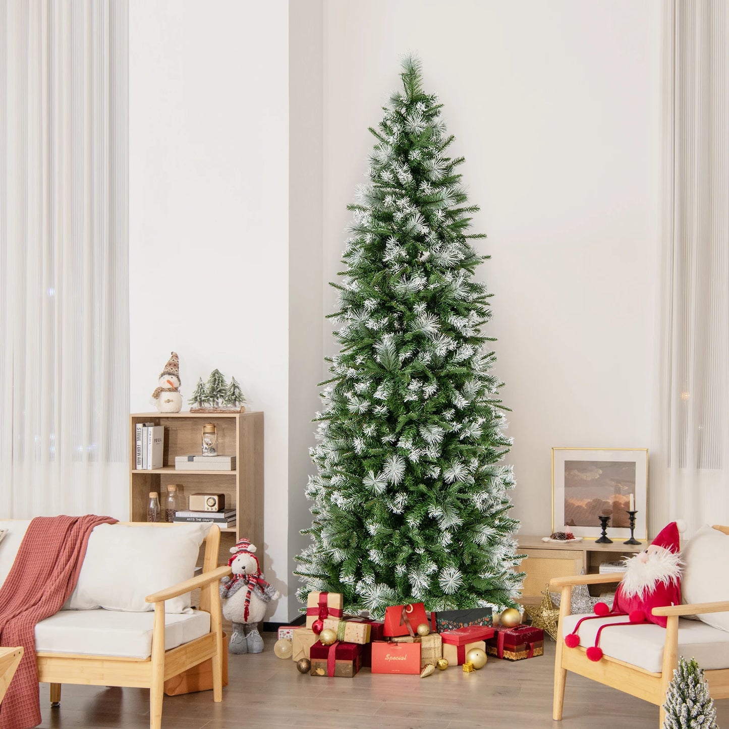 6FT–9FT Pre-Lit Pencil Artificial Christmas Tree Slim Hinged Holiday Tree with Warm LED Lights
