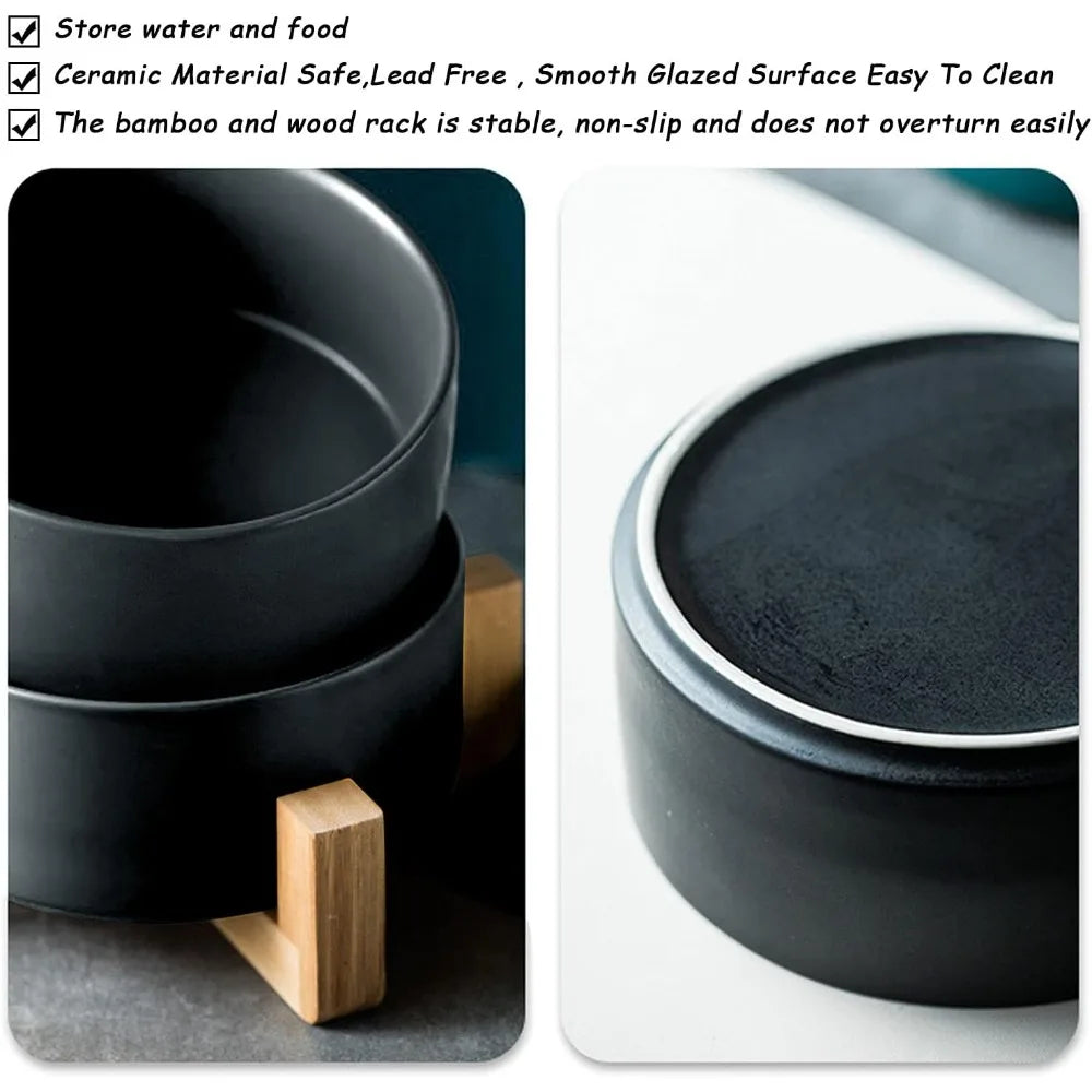 Ceramic Dog Cat Bowls Set with Stand,Black Pet Food and Water Bowl,Small Dog Bowls Cute Modern Anti Slip Set of 2 Pet Feeder Sm