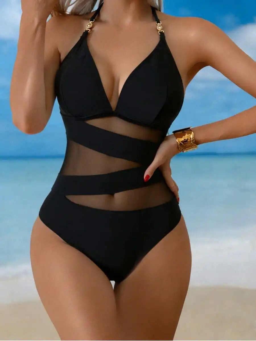 Women’s V-Neck Mesh Cutout One-Piece Swimsuit | Tummy Control Halter Bathing Suit
