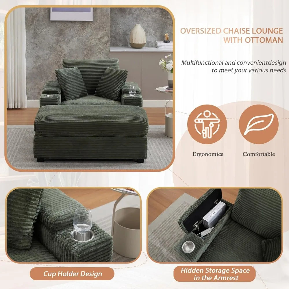 50" Oversized Chaise Lounge Chair Indoor with Ottoman and Storage, Deep Seat Upholstered reading Chair, Comfy Corduroy Sleeper C