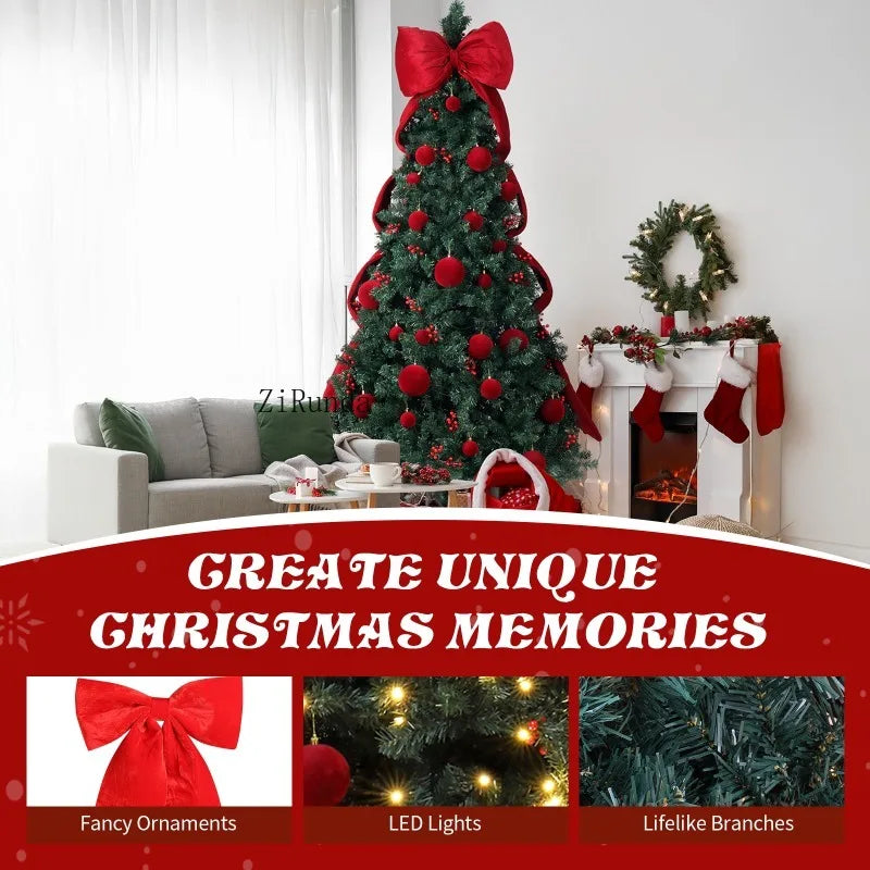 7.5 FT Pre-Lit Artificial Christmas Tree – 300 Warm White LED Lights with Red Ribbon, Holiday Home Décor & Metal Stand