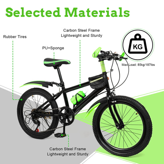 20-Inch 7-Speed Mountain Bike . Kids Bicycle with Adjustable Seat, Front Suspension & Dual Disc Brakes