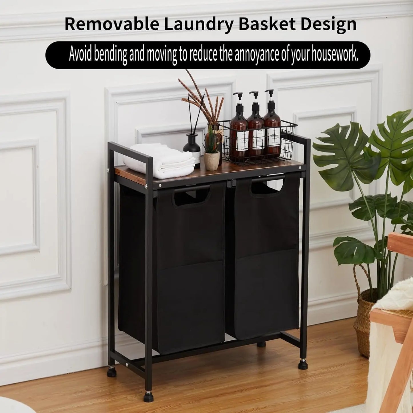 2 Section Laundry Hamper Organizer with Removable Bags and Storage Shelf
