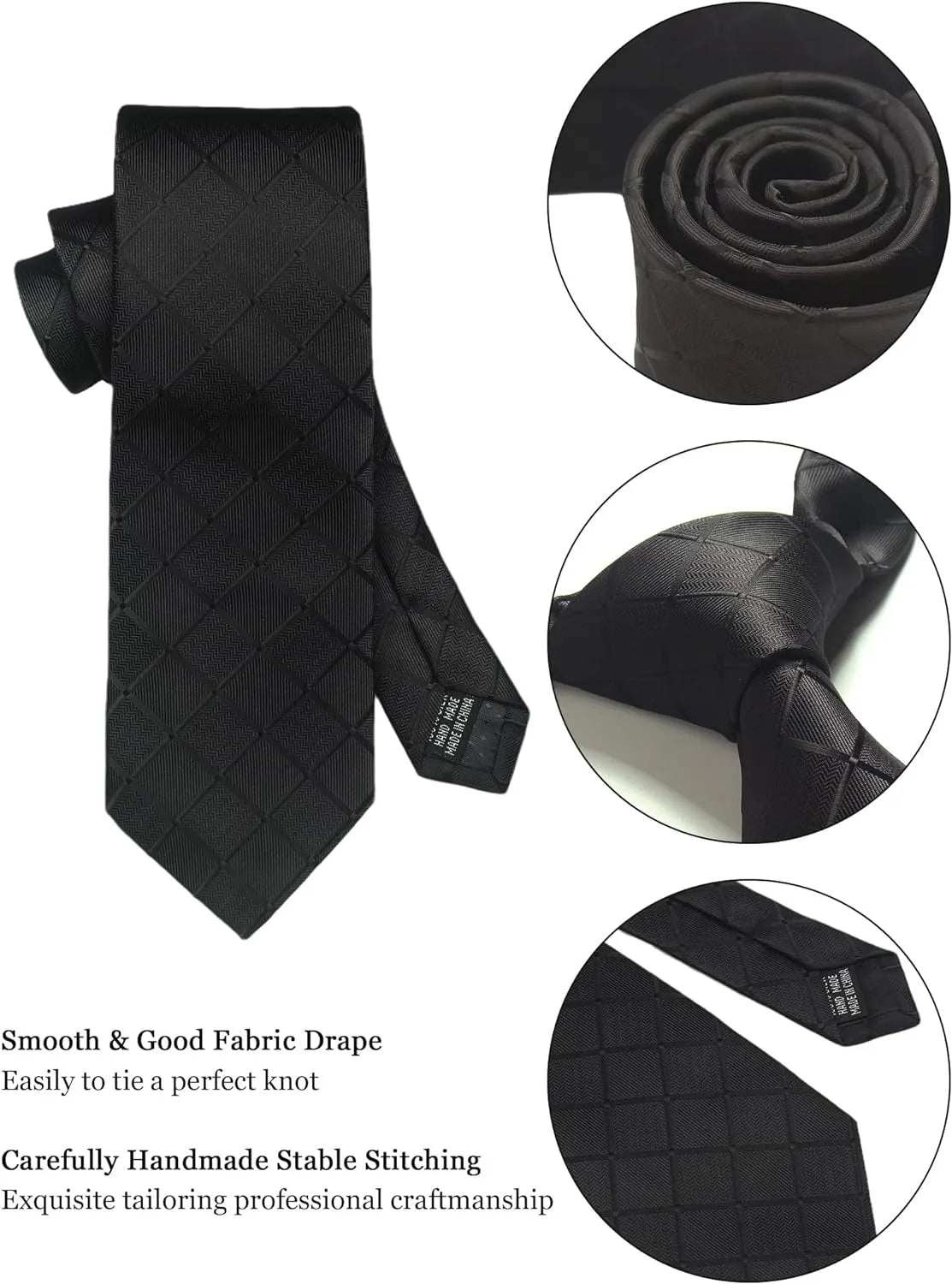 100% Silk Plaid & Checkered Men’s Tie Set with Pocket Square, Tie Clip & Cufflinks. Business & Wedding Necktie Gift Set  Optimized Description