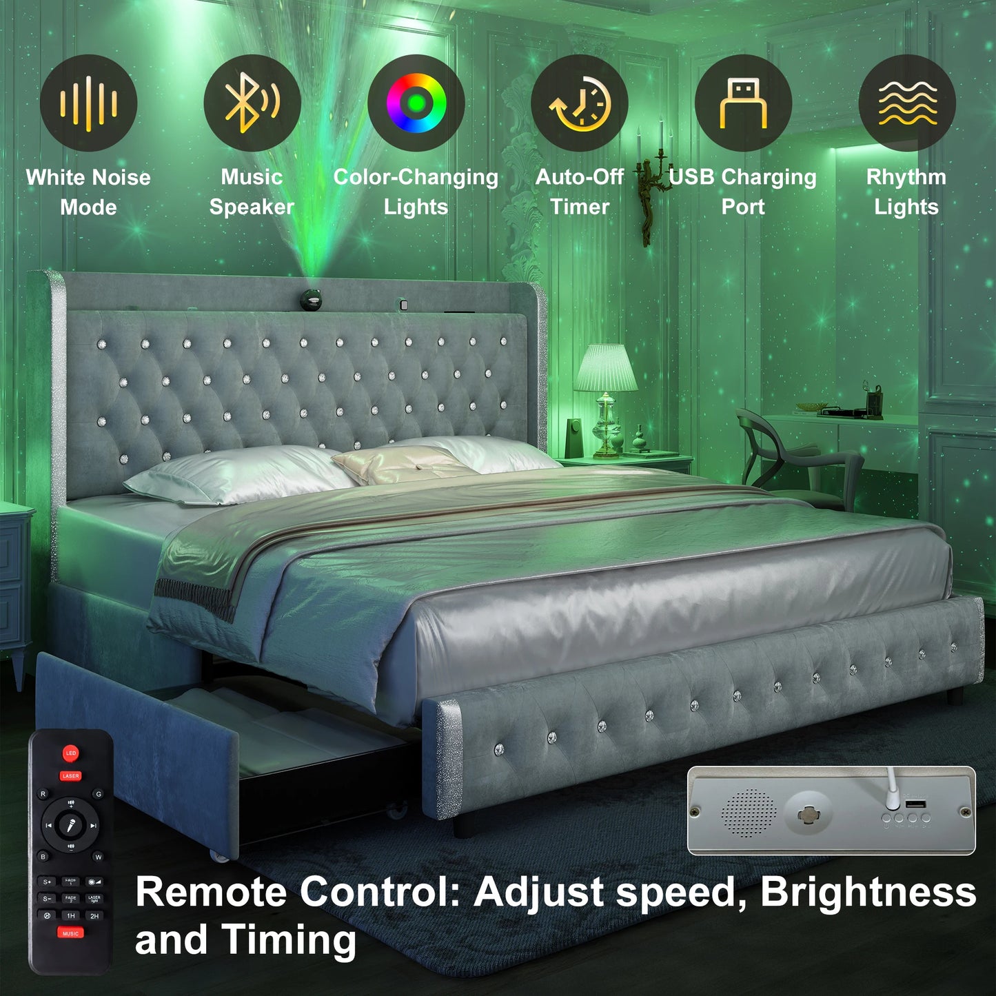 Queen LED Bed Frame with Galaxy Projector & Bluetooth Speaker