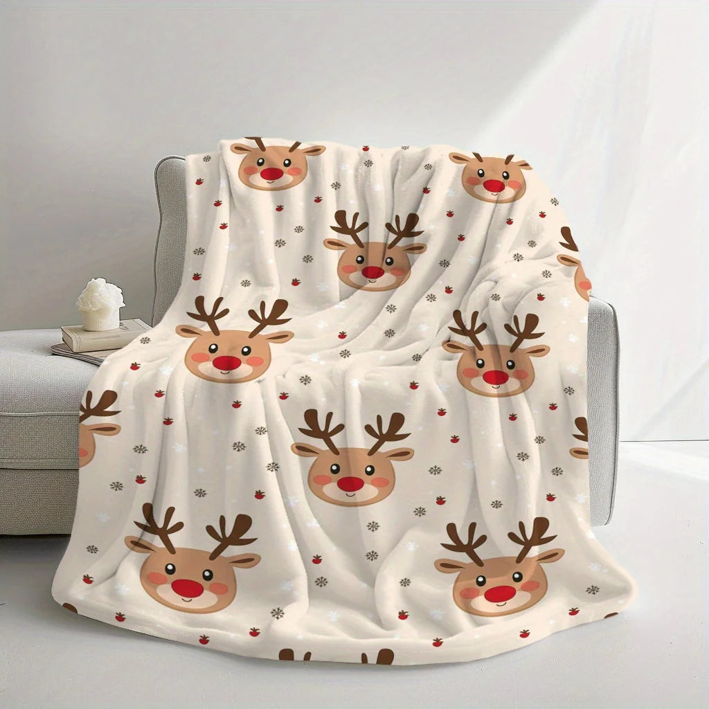 Cozy Christmas Reindeer Print Flannel Throw Blanket – Soft Warm Holiday Blanket for Sofa, Bed & Winter Décor