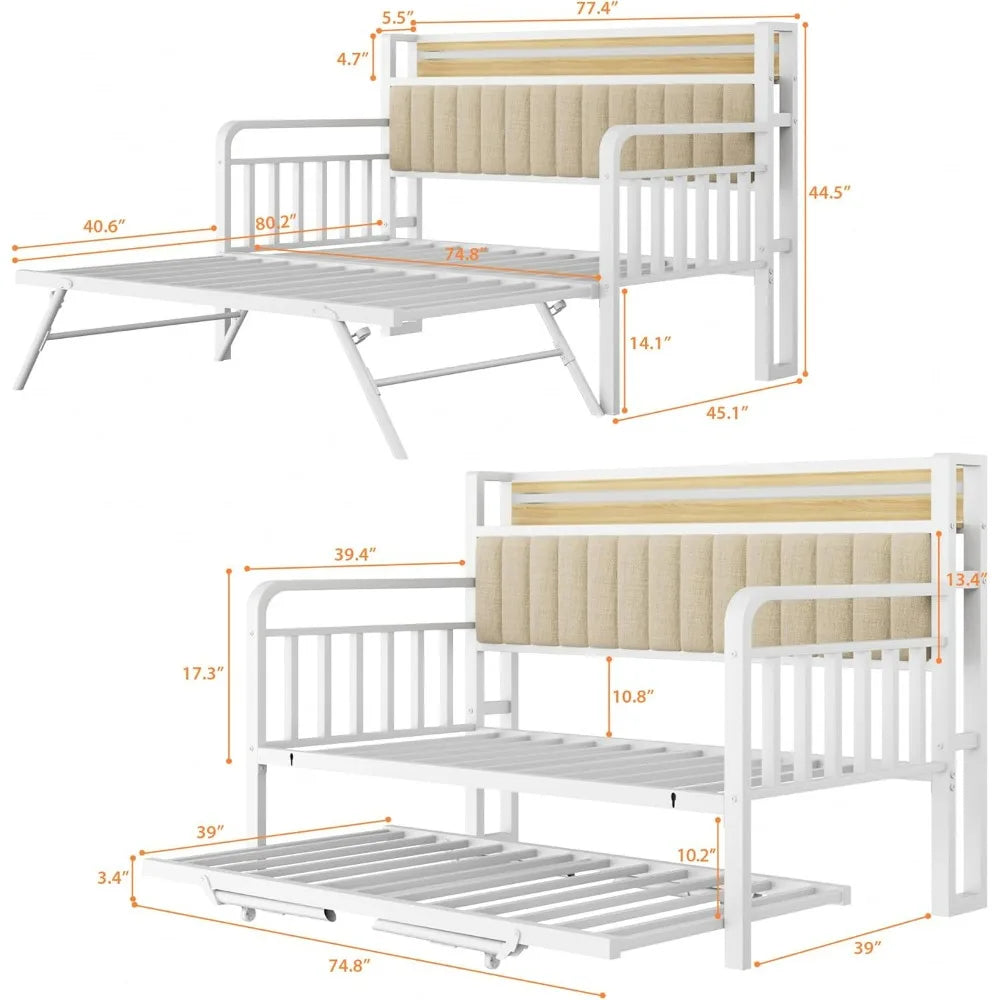 "durable metal daybed with lift trundle, twin bed frame with padded headboard and usb charging port"
