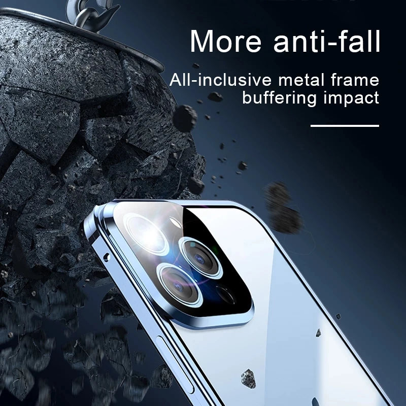 360 Full Protection Metal Magnetic Double Sided Glass Snap Lock Phone Case Shockproof Cover