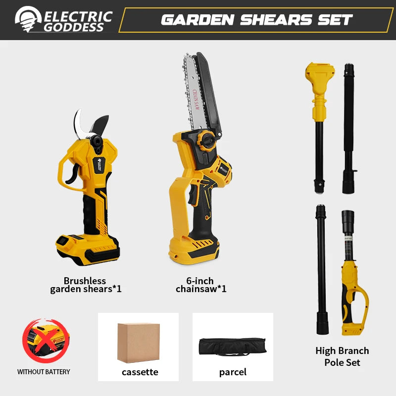 Brushless Cordless Pruning Set. Chainsaw, Electric Shears & Telescoping Pole