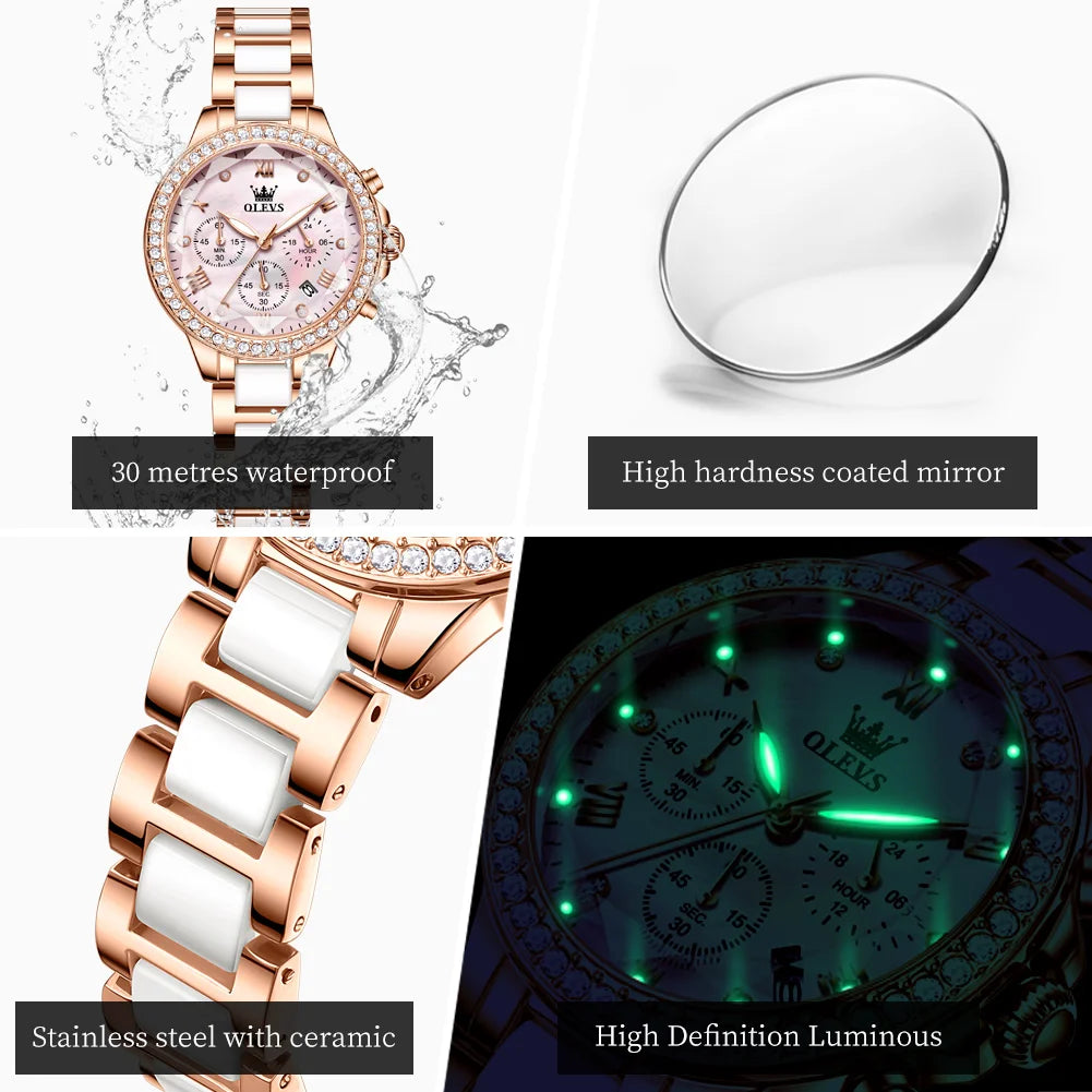 OLEVS Luxury Women’s Waterproof Chronograph Watch. Rose Gold Crystal Fashion Timepiece