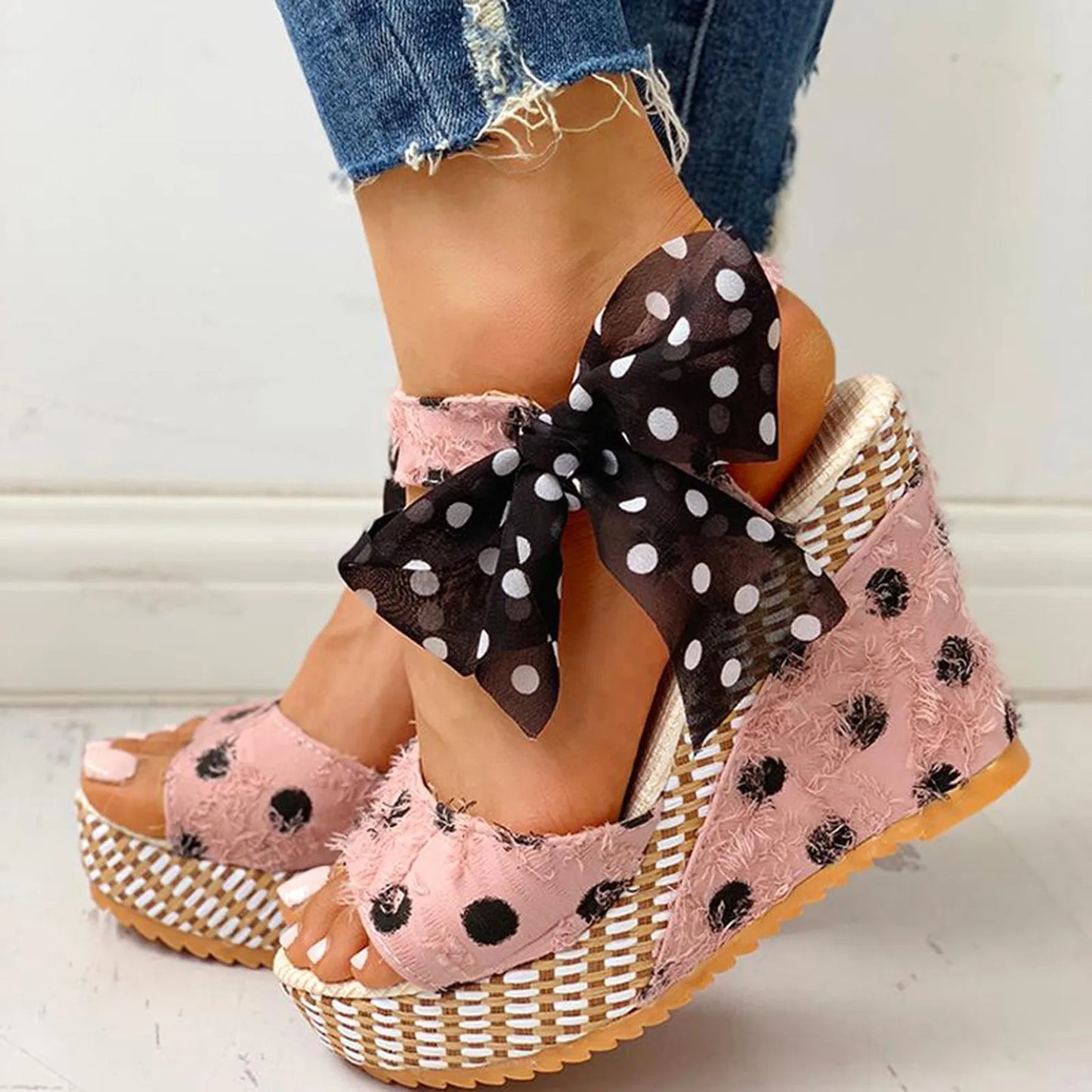 2025 Women Sandals Lace Casual Boknot Soft Wedges Heeled Women Sandals Summer Sandals Party Platform High Heels Shoes Woman