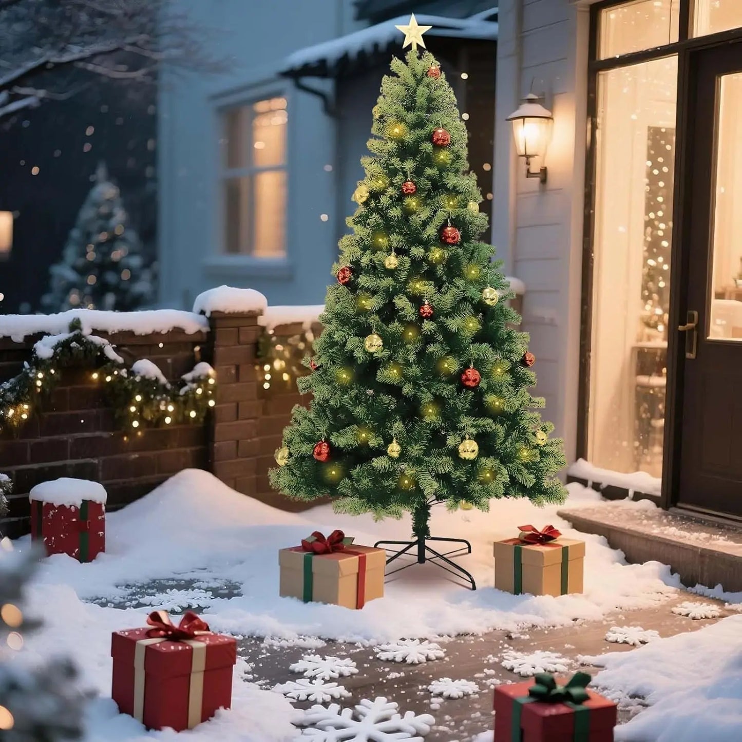 6FT/7FT Pre-Lit Artificial Christmas Tree with Remote Control . Realistic Green Holiday Tree for Home, Office & Seasonal Decor