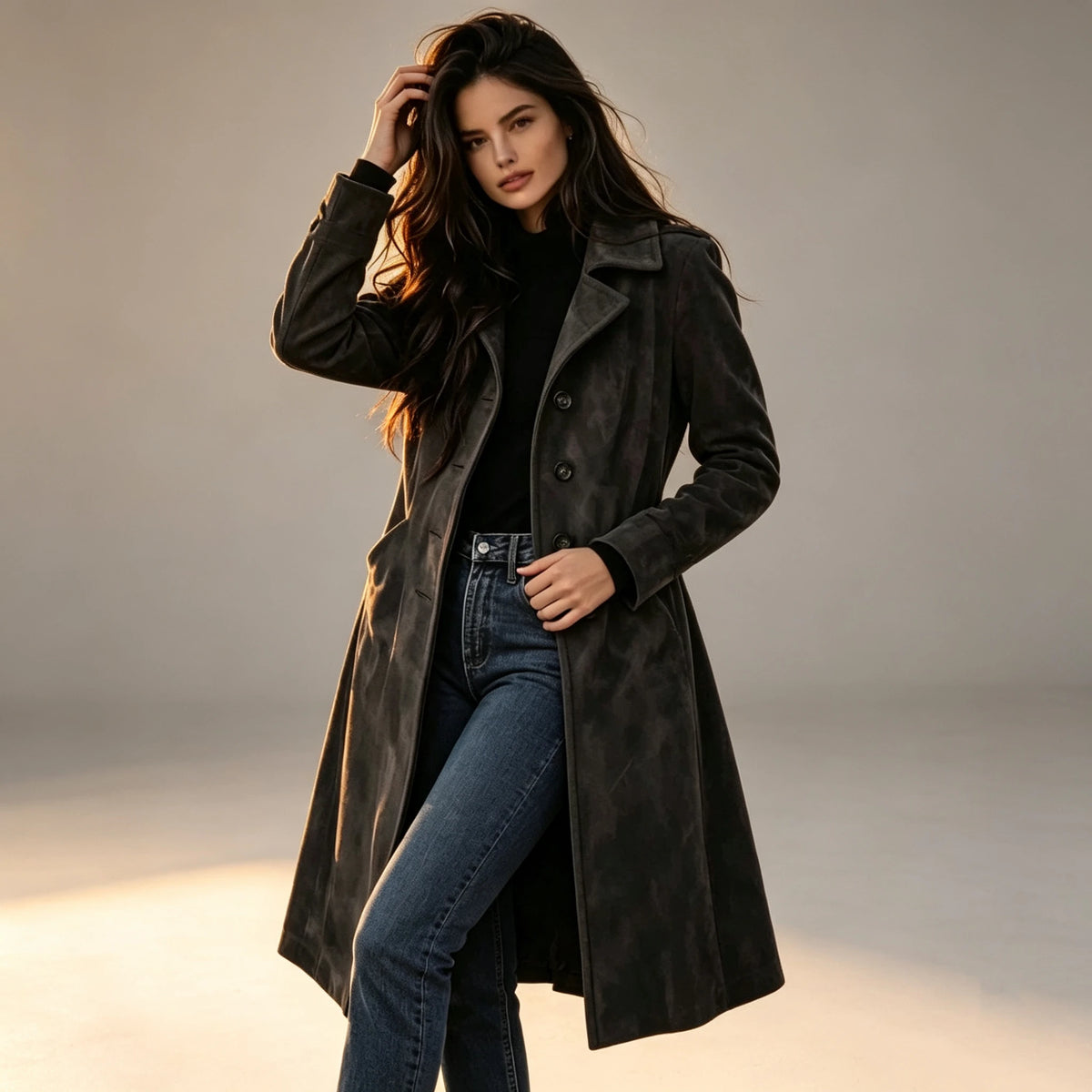 Women's Mid-Length Suede Coat. Elegant Collared Autumn & Winter Jacket