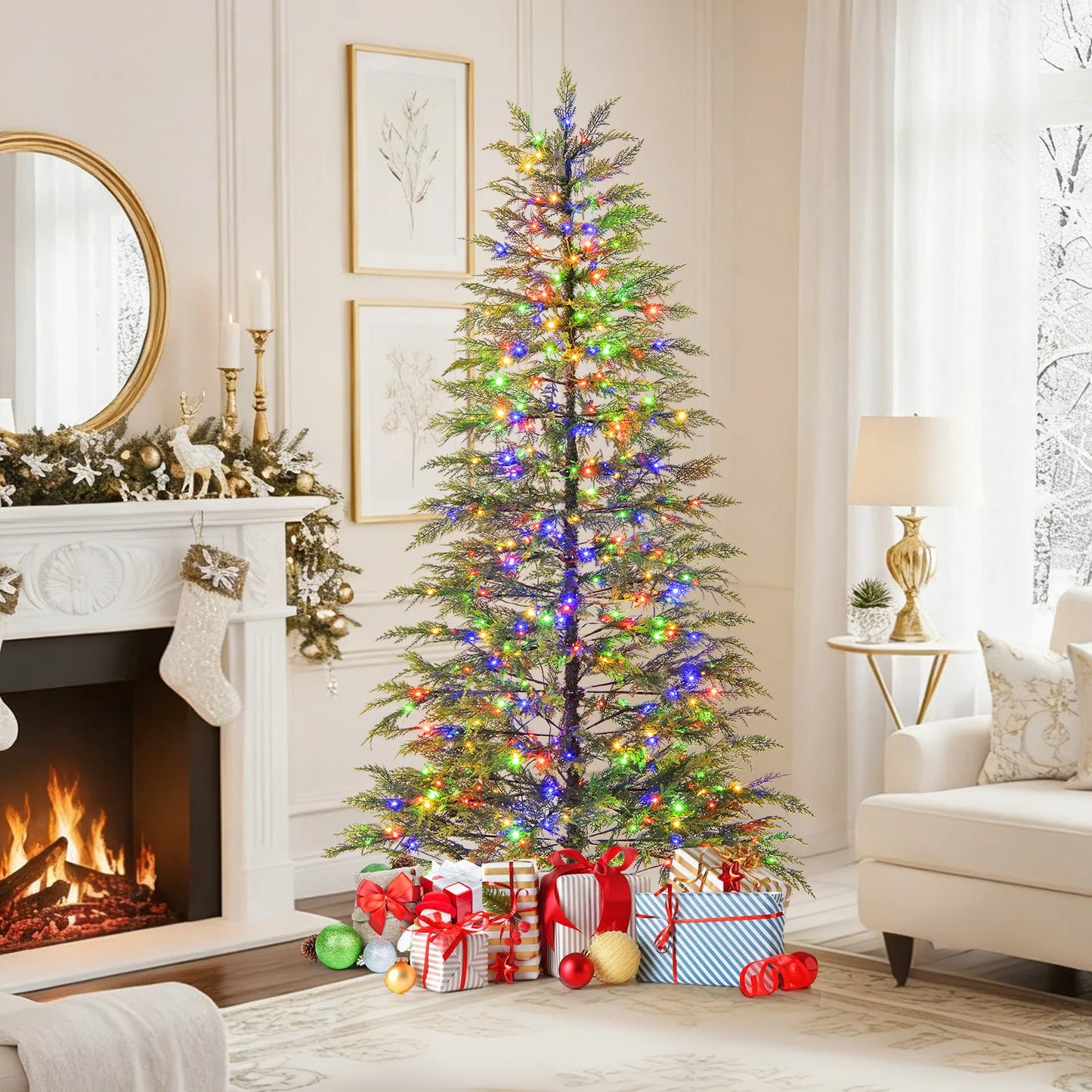 6.5FT–7.5FT Premium Artificial Christmas Tree .Pre-Lit Hinged Holiday Fir Tree with Realistic Branches