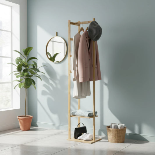 Bamboo Coat Rack Clothes Rack, Freestanding with 2 Shelves and 3 Hooks, Coat Tree for Entryway, Living Room, Coat Hanger Stand