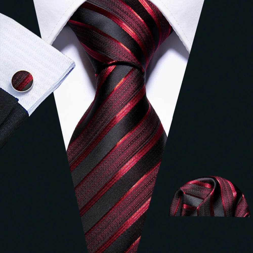 Men’s Luxury Red Striped Necktie Set. Silk Tie, Pocket Square & Cufflinks for Business, Wedding & Formal Wear