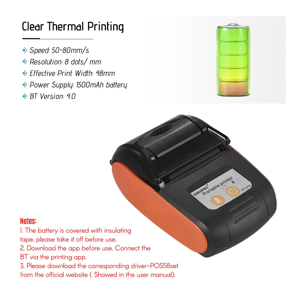 【New】GOOJPRT PT-210 Portable Thermal Printer Handheld 58mm Receipt Printer for Retail Stores Restaurants Factories Logistics