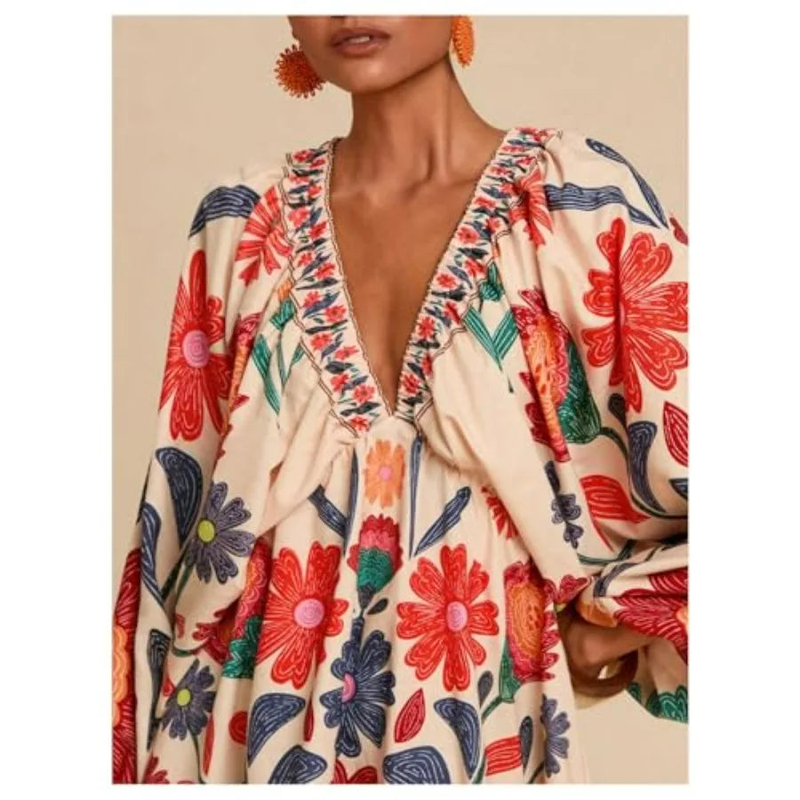 RoseSeek Women's Boho Floral V Neck Mini Dresses Bishop Sleeve Tie Open Back Tropical Dress