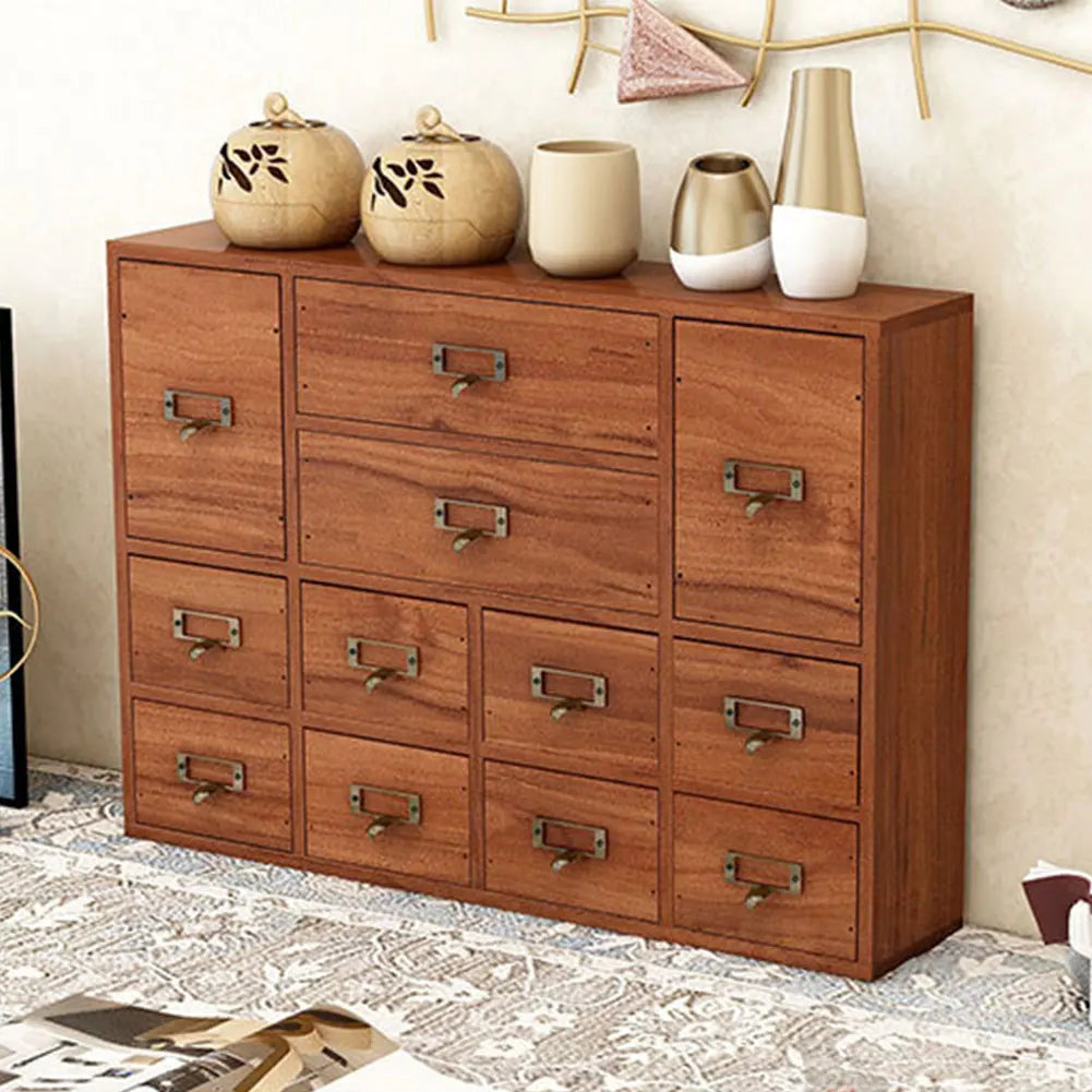 12 Drawer Wooden Apothecary Cabinet with Label Slot & Metal Handle Tabletop Storage Box Library Card Catalog Cabinet for Desk