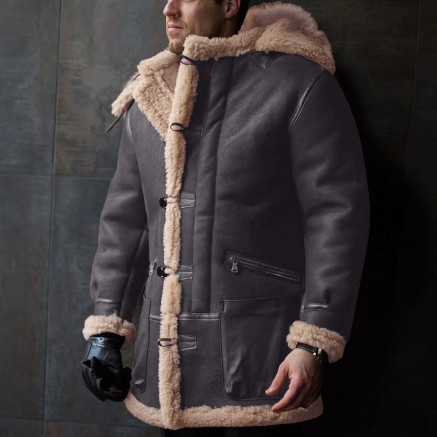 Men’s Hooded Winter Fleece Parka Jacket Thick Sherpa Lined Button Coat