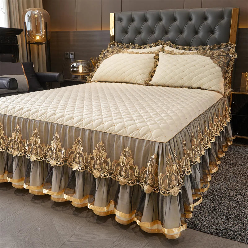 AIWINSURE-European Lace Velvet Bedspread Set, King Size, Queen Thickened Bed Cover, Soft Bed Skirt, Luxury, with 2 Pillowcases