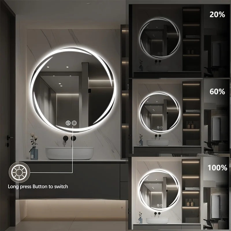 Circular LED Bathroom Mirror with Integrated Lighting | Anti-Fog Technology | Touch-Sensitive Dimmable | HD Makeup And Shaving Mirror | Wall-Mounted Vanity with Memory Function | US Standard Plug/Switch | 20" Diameter | Moder