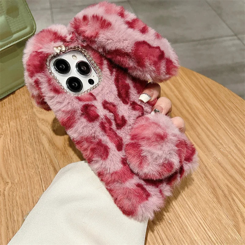 Cute Plush Bunny Leopard Print iPhone Case . Soft Furry Protective Cover, Cozy Cartoon Style