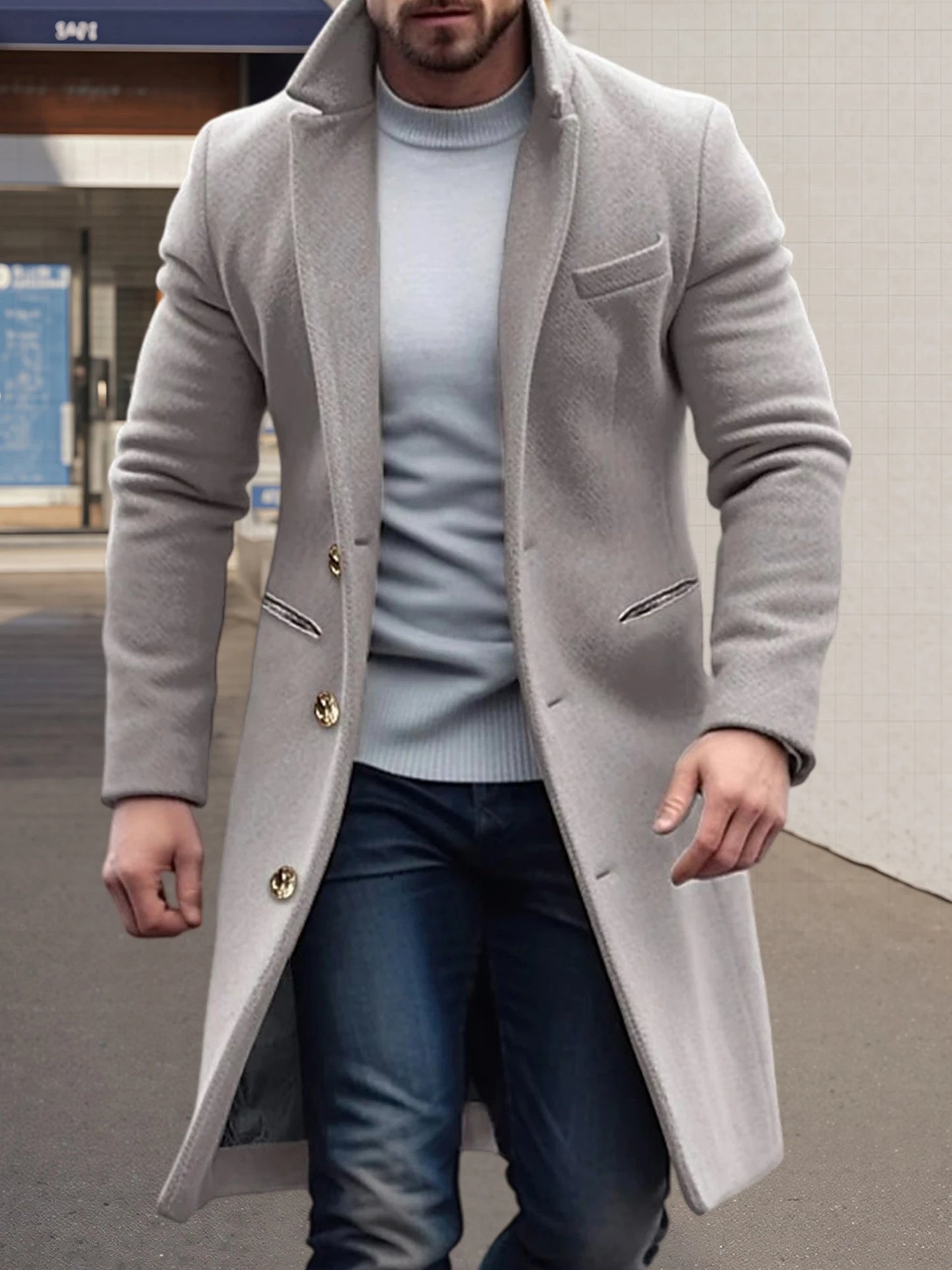 Men s Classic Wool Blend Pea Coat with Notched Lapel and Button Closure for Stylish Winter Outerwear and Streetwear Fashion