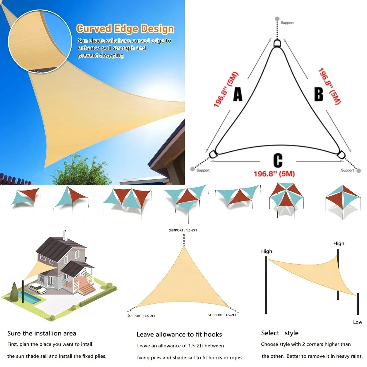 Triangle Sun Shade Sail Canopy .UV Protection Outdoor Patio Shade Cover