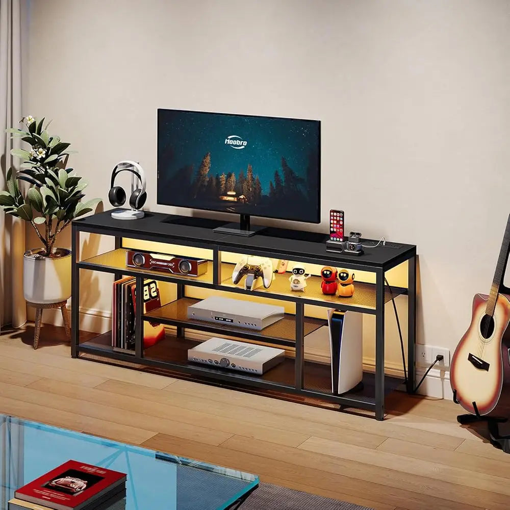 Led Tv Stand With Charging Station, 4-Tier Entertainment Gaming Center, Modern Media Console Table, Open Shelves, 55.1""L X