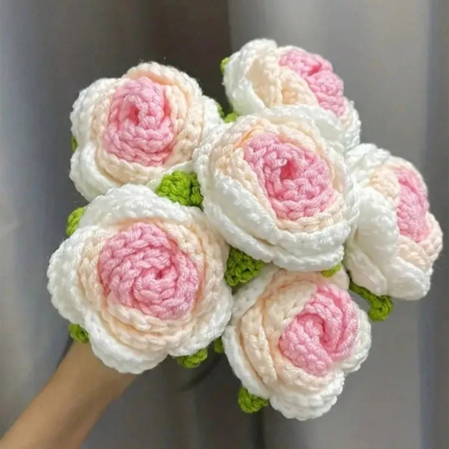 6Pcs Crochet Rose Flowers, Fake Rose Artificial Flowers Handmade Knitted Rose Bouquet Crochet Flower Bouquet Table Decoration