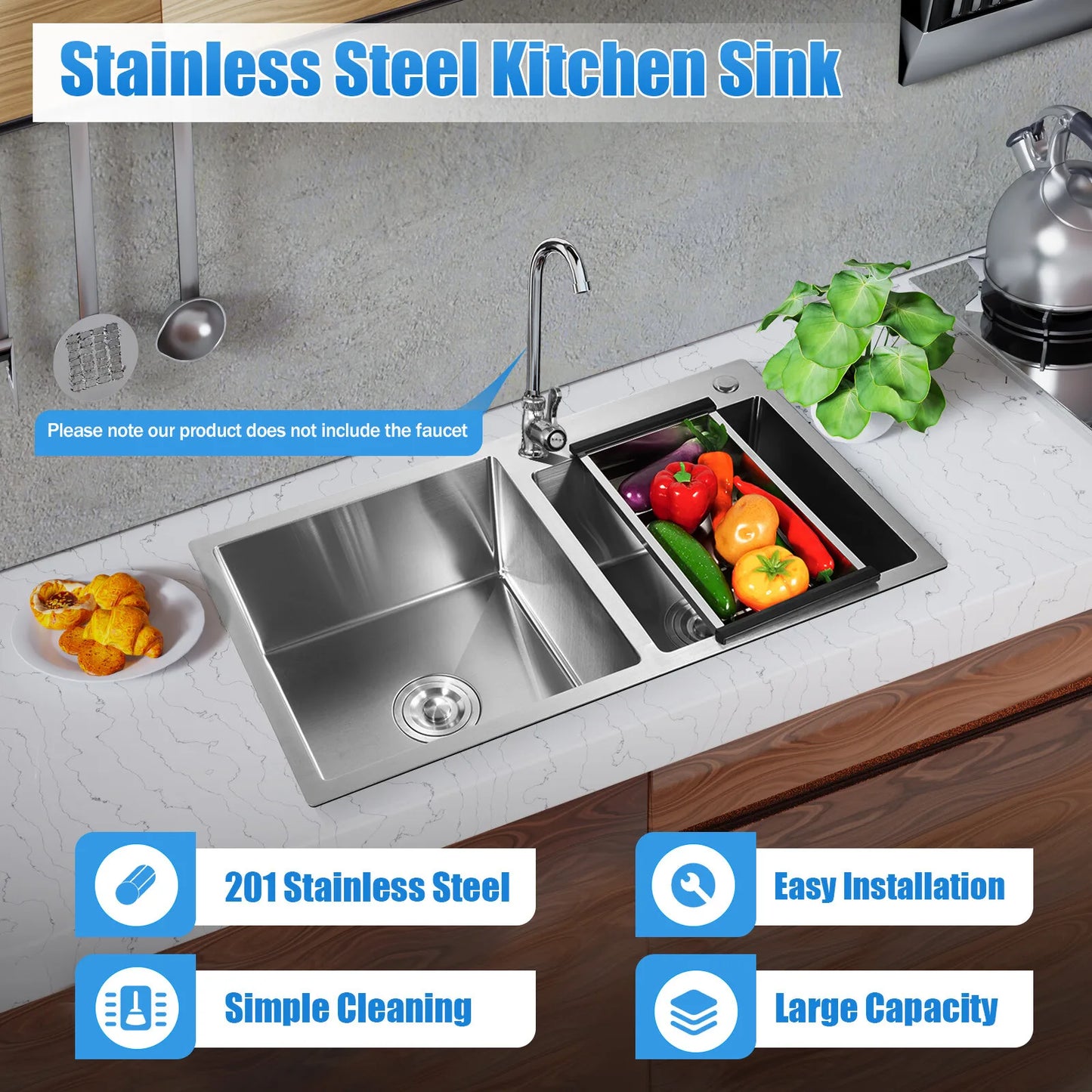 Stainless Steel Double Bowl Drop In Kitchen Sink with Noise Reduction and Deep Basins  Description