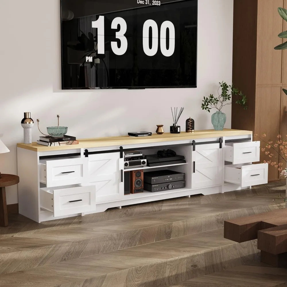 Farmhouse TV Stand for 100" TV, 94.5" Entertainment Center with Storage Drawers, Barn Doors and Cable Management, Media