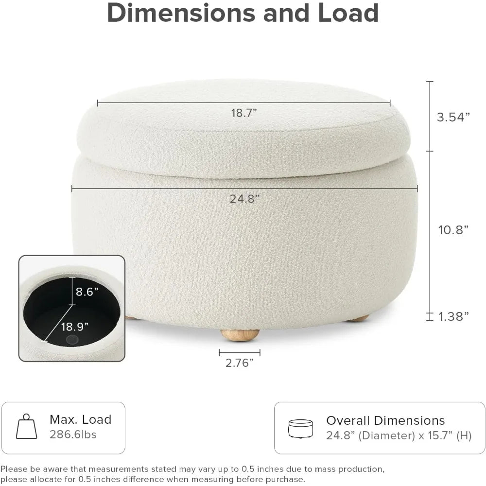 Luna Round Ottoman with Storage and Tray, Round Coffee Table with Storage, Upholstered Foot Stools Ottoman for Living Room, Bed