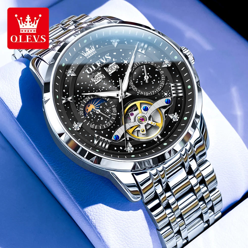 Men’s Luxury Skeleton Watch – Stainless Steel Starry Dial Design