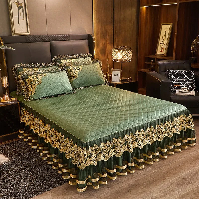 Luxury Gold Embroidered Velvet Quilted Bedspread Set