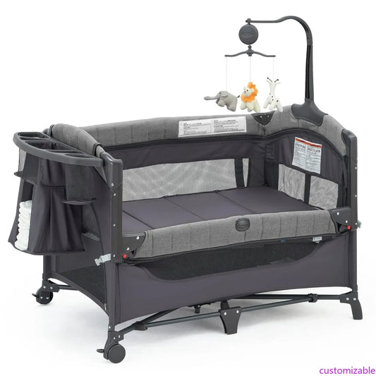 Baby Bedside Bassinet Sleeper,5-in-1 Pack and Play with Full-Size Bassinet,Baby Playard with Changing Table,Storage Shelf,Music