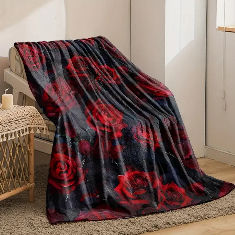 Rich red rose pattern flannel blanket suitable for bedding, office, home, camping, warming, sofa, Christmas and Halloween