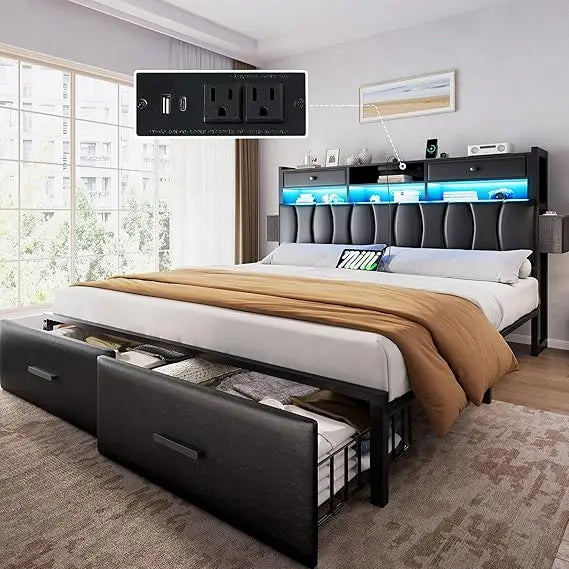 King Size Bed Frames with 2 Storage Drawers and Charging Station, Upholstered Platform Bed with Storage Headboard and L