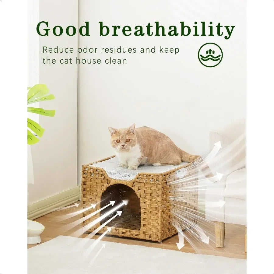 Handwoven Rattan Cat Cave Bed Indoor Kitten House Foldable